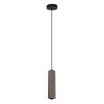 Brązowa lampa wisząca Ander z oprawą na żarówkę GU10, w kształcie prostokątnego, smukłego klosza. Wisi na cienkim czarnym przewodzie, montowana do sufitu. Prosty design, idealna do nowoczesnych wnętrz.