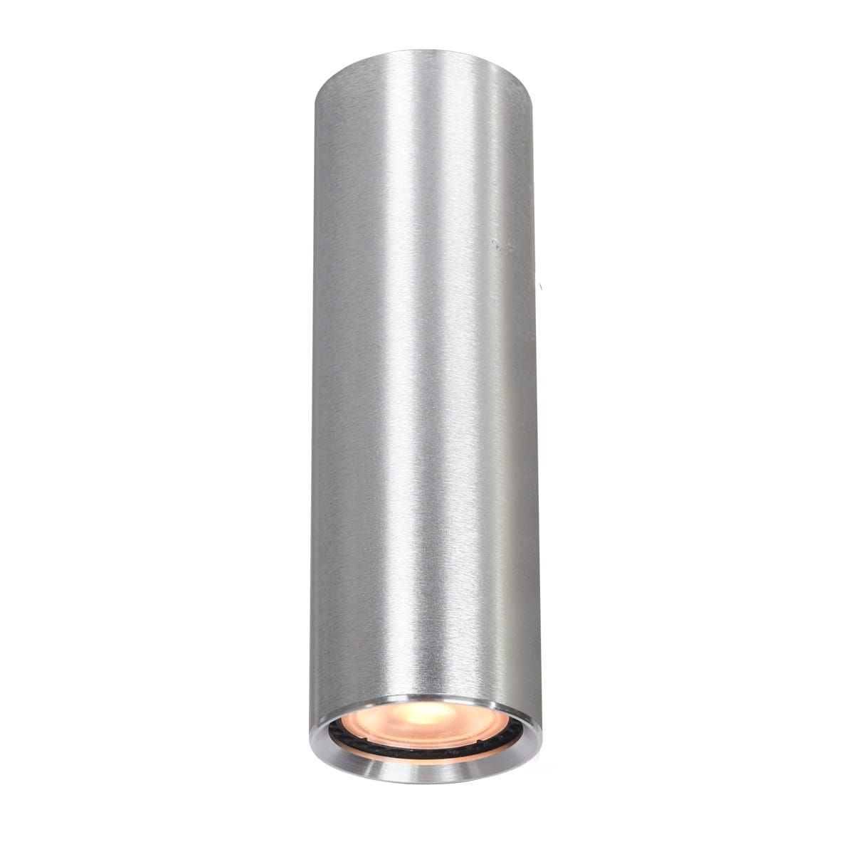 Lopus lampa sufitowa 1xGU10 z aluminium, w kształcie cylindrycznym. Wykończenie matowe, w kolorze srebrnym. Produkt zamontowany w pozycji wiszącej, z widoczną żarówką na dole, idealny do nowoczesnych wnętrz.