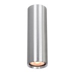Lopus lampa sufitowa 1xGU10 z aluminium, w kształcie cylindrycznym. Wykończenie matowe, w kolorze srebrnym. Produkt zamontowany w pozycji wiszącej, z widoczną żarówką na dole, idealny do nowoczesnych wnętrz.
