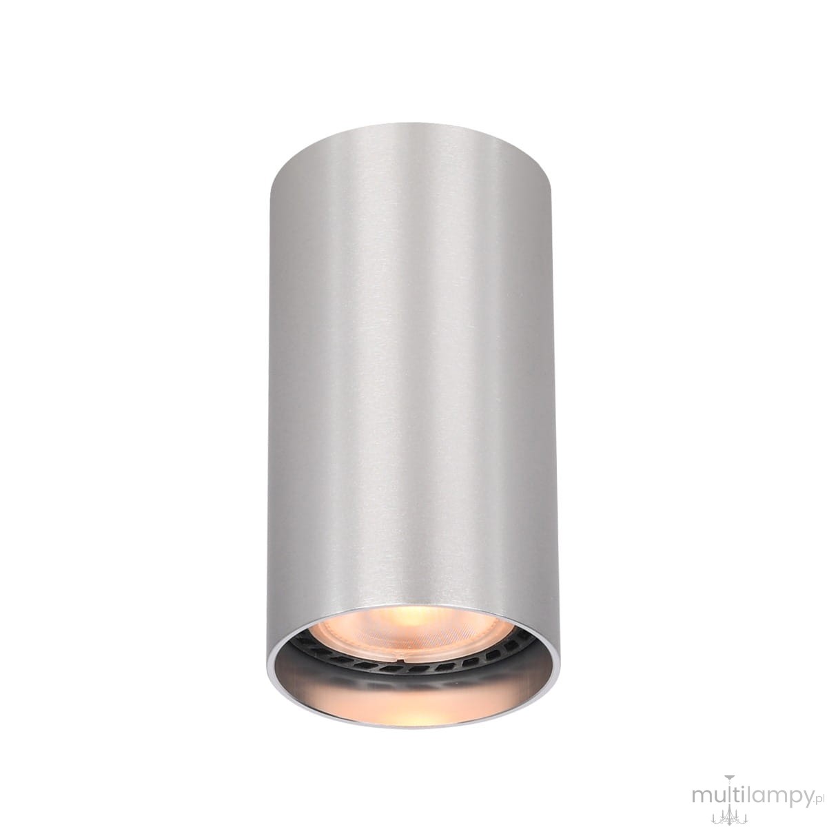 Lopus lampa sufitowa 1xGU10 z aluminium w kolorze srebrnym, cylindryczny kształt, widoczna żarówka w środku. Montowana na suficie, zbliżenie na detal reflektora. Proste tło, skupia uwagę na lampie.
