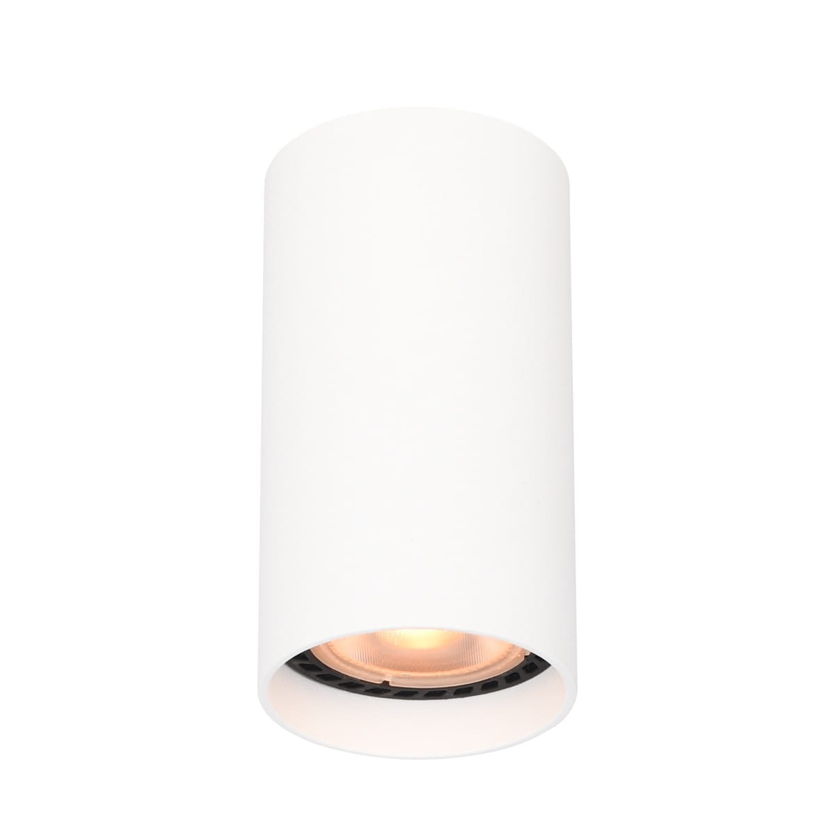 Lopus lampa sufitowa w kolorze białym, cylindryczna, z miejscem na jedną żarówkę GU10. Widoczna lampa w pozycji wiszącej, z lekko podświetlonym wnętrzem, na prostym tle.