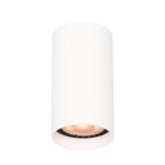 Lopus lampa sufitowa w kolorze białym, cylindryczna, z miejscem na jedną żarówkę GU10. Widoczna lampa w pozycji wiszącej, z lekko podświetlonym wnętrzem, na prostym tle.