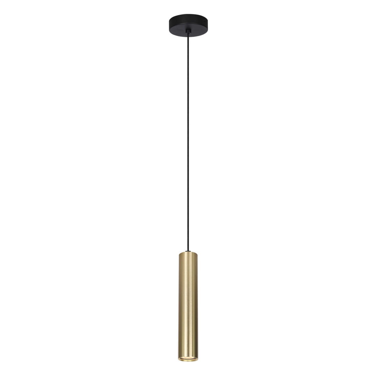 Lopus lampa wisząca 1xGU10 w kolorze złotym, o cylindrycznym kształcie, zawieszona na cienkim, czarnym przewodzie. Lampa ma prosty, nowoczesny design i jest umieszczona na białym tle, co podkreśla jej elegancję.