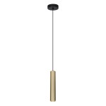 Lopus lampa wisząca 1xGU10 w kolorze złotym, o cylindrycznym kształcie, zawieszona na cienkim, czarnym przewodzie. Lampa ma prosty, nowoczesny design i jest umieszczona na białym tle, co podkreśla jej elegancję.
