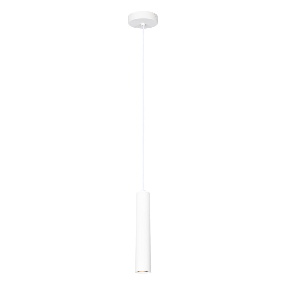 Lopus lampa wisząca 1xGU10 w kolorze białym, o cylindrycznym kształcie, zawieszona na cienkim, białym przewodzie. Prosty design, idealna do nowoczesnych wnętrz. Montaż sufitowy, widoczna oprawa na żarówkę GU10.