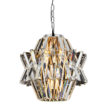 Lampa wisząca Crown z chromowanym metalowym wykończeniem, posiadająca cztery źródła światła E14. Klosz wykonany z przezroczystego kryształu, o geometrycznym kształcie, z refleksyjnymi detalami.