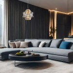 Lampa wisząca Crown 4xE14 w chromowanej obudowie, z przezroczystymi elementami. Zawieszona na cienkim łańcuchu, w nowoczesnym wnętrzu z sofą i oknami. W tle delikatne zasłony i oświetlenie LED.