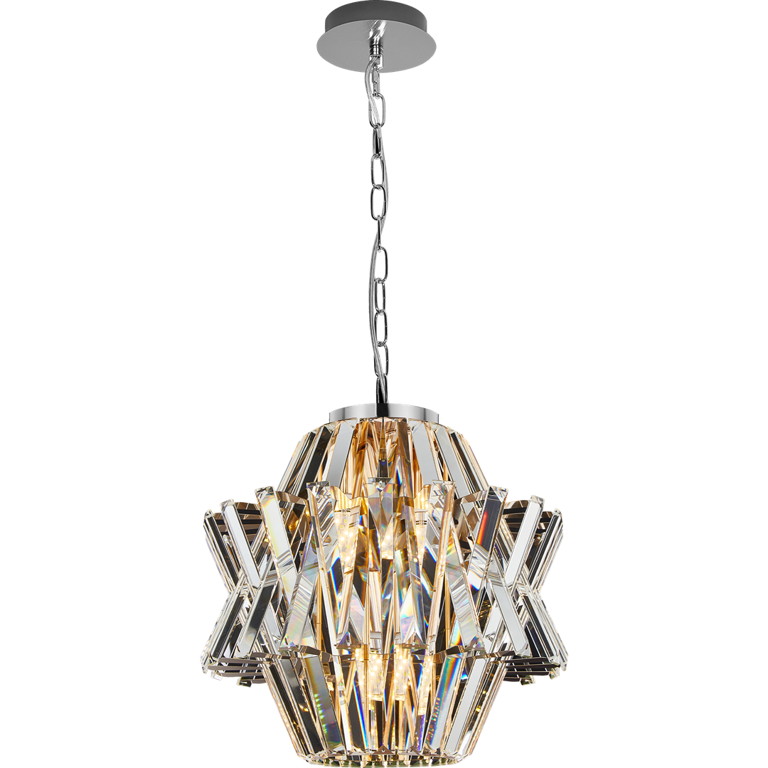 Lampa wisząca Crown 4xE14 w kolorze chromowanym z dekoracyjnym kloszem z transparentnego kryształu. Kształt o ostrych krawędziach, zawieszona na łańcuchu. Wykończenie w stylu nowoczesnym, idealna do eleganckich wnętrz.