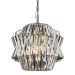 Lampa wisząca Crown 12xE14 w kolorze chromowanym, z kryształowym abażurem o geometrycznym wzorze. Zawieszona na metalowym łańcuchu, prezentuje się w ujęciu frontalnym, podkreślając blask i refleksy świetlne.