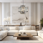 Lampa wisząca Crown w kolorze chromu z 12 miejscami na żarówki E14. Posiada elegancki, geometryczny design z kryształowymi detalami, zawieszona na metalowym łańcuchu. Umieszczona w nowoczesnym wnętrzu z białymi meblami i minimalistycznymi dekoracjami.