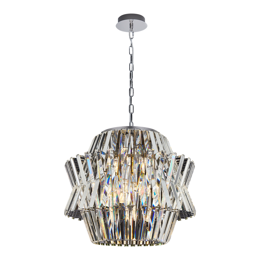 Lampa wisząca Crown 12xE14 w kolorze chromu, z dekoracyjnymi kryształowymi elementami w kształcie gwiazdy. Ujęcie frontalne, zawieszona na łańcuchu, z okrągłym mocowaniem sufitowym. Wymiary i szczegóły konstrukcji są widoczne.