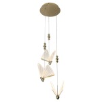Lampa wisząca Mariposa 3xLED/24W w kolorze złotym. Składa się z trzech kloszy w kształcie motyli, zawieszonych na cienkich linkach. Elementy dekoracyjne w postaci złotych kul dodają elegancji. Całość ma nowoczesny, minimalistyczny design.