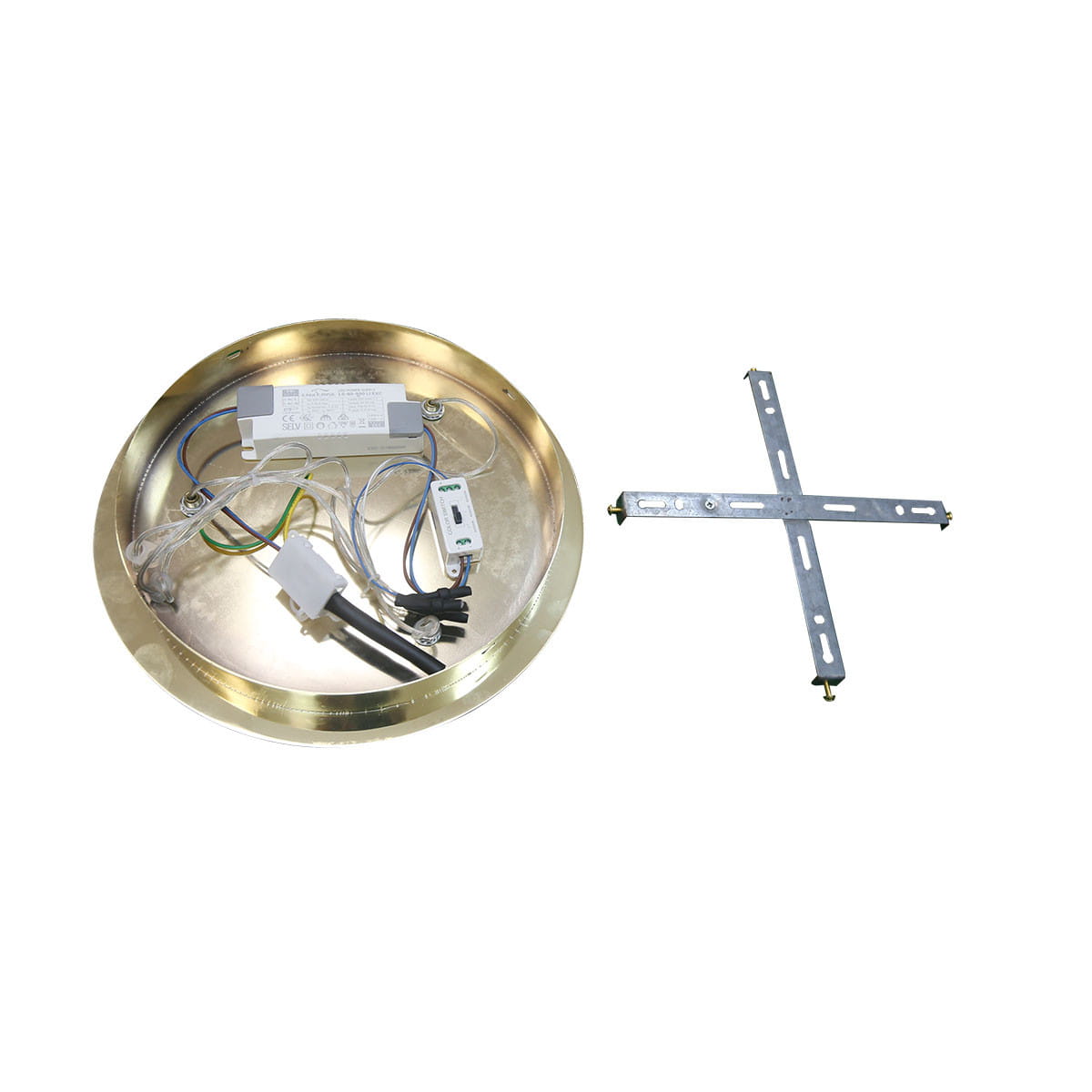 Lampa wisząca Mariposa 3xLED/24W w złotym kolorze. Widoczna okrągła osłona ze złotego metalu oraz elementy montażowe. Wnętrze zawiera przewody i moduł zasilający. Produkt leży na białym tle.
