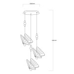 Lampa wisząca Mariposa z trzema kloszami w kształcie motyli, wykonana w złotym kolorze. Zawieszona na długich linkach, z okrągłym sufitem o średnicy 300 mm. Wysokość całkowita 1200 mm, z dekoracyjnymi koralikami między kloszami.