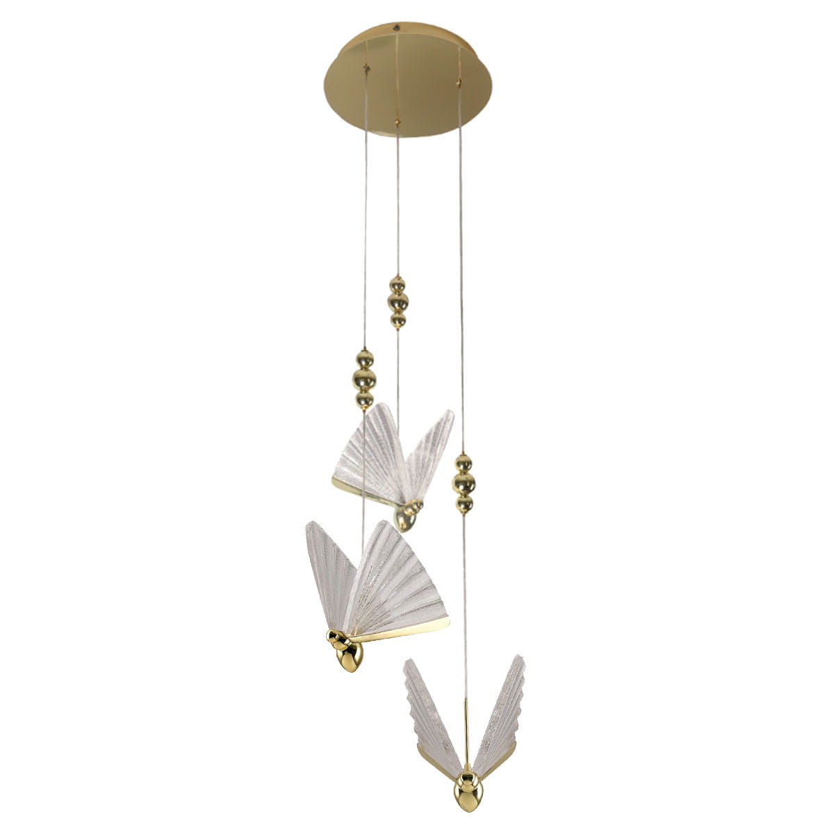 Lampa wisząca Mariposa z trzema szklanymi kloszami w kształcie motyli, zawieszona na złotych linkach. Klosze mają biało-przezroczystą fakturę, a całość uzupełniają złote elementy dekoracyjne. Wysokość regulowana, nowoczesny design.