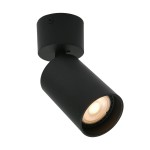 Lampa sufitowa Nesto w kolorze czarnym, z pojedynczym reflektorem na żarówkę GU10. Ujęcie z boku, pokazujące cylindryczny korpus i źródło światła. Prosta, matowa faktura metalu, mocowana do sufitu.