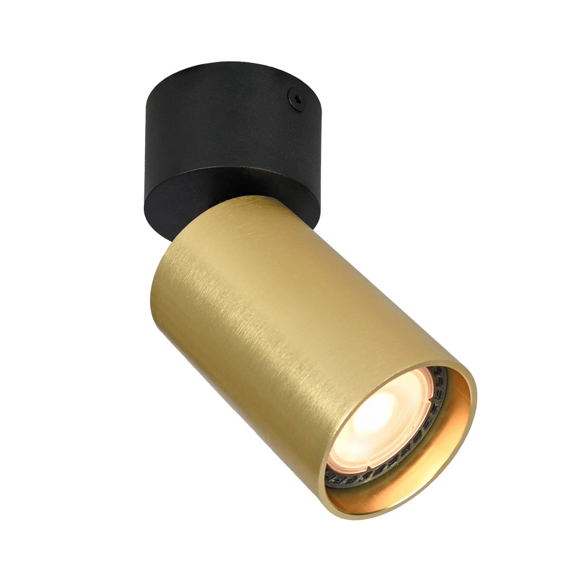 Lampa sufitowa Nesto w kolorze czarnym i mosiężnym, z pojedynczym spotem na żarówkę GU10. Cylindryczny kształt z matowym wykończeniem, zamontowana w pozycji poziomej. Widoczna lampa o okrągłym kloszu, emitująca światło.