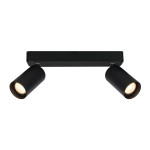 Czarna lampa sufitowa Nesto z dwoma reflektorami na prostokątnej podstawie. Reflektory mają cylindryczny kształt i są skierowane w różnych kierunkach. Produkt montowany sufitowo, wykonany z metalu, idealny do oświetlenia wnętrz.
