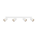 Lampa sufitowa Nesto z 4 spotami GU10 w białym kolorze, zamontowana na prostokątnej belce. Kąt ujęcia frontalny, pokazujący równomiernie rozmieszczone, cylindryczne klosze z widocznymi żarówkami. Prosta, nowoczesna forma.