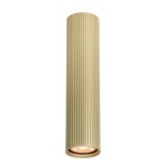 Lampa sufitowa Rilok 1xGU10 w kolorze złotym, o cylindrycznym kształcie z pionowymi rowkami. Ujęcie frontalne, lampa wisząca, z widocznym źródłem światła u dołu. Prosty, elegancki design, idealna do nowoczesnych wnętrz.