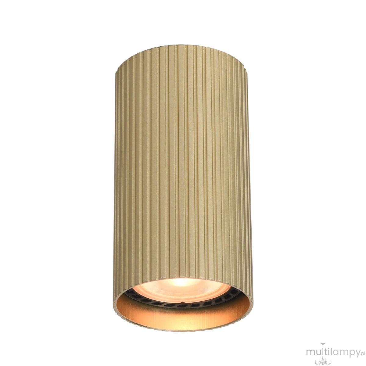 Lampa sufitowa Rilok w kolorze złotym, cylindryczna, o teksturowanej powierzchni z poziomymi żłobieniami. Źródło światła GU10 umieszczone w dolnej części, widoczny metalowy klosz. Produkt zawieszony w pozycji pionowej, na jednolitym tle.