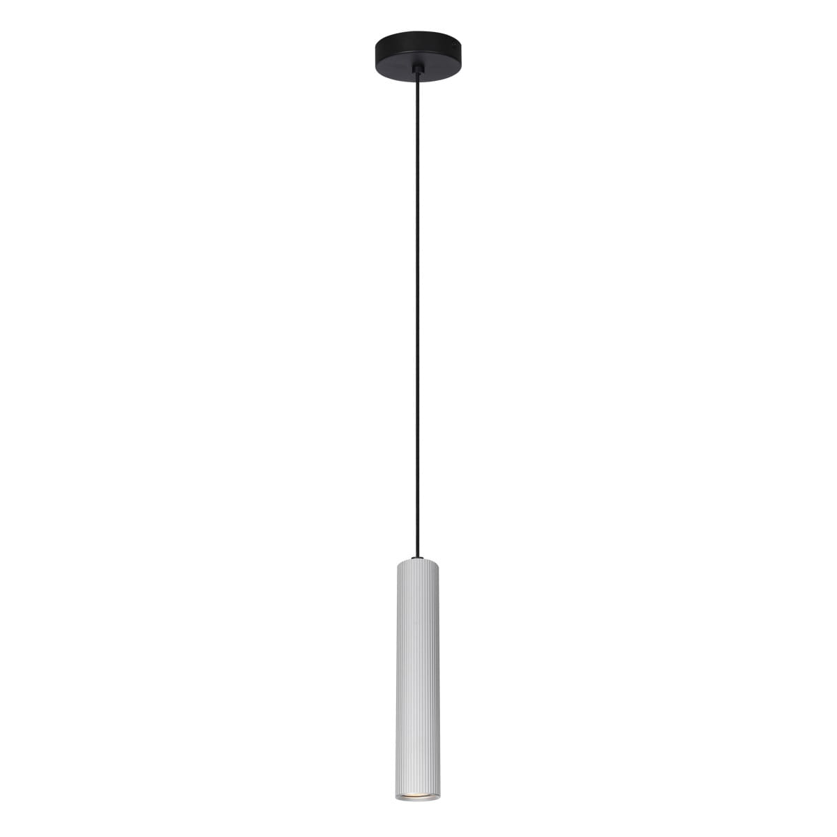 Lampa wisząca Rilok z aluminium, w kolorze białym, o cylindrycznym kształcie. Zawieszona na czarnym przewodzie, z okrągłym mocowaniem sufitowym, przeznaczona na żarówkę GU10. Minimalistyczny design, idealna do nowoczesnych wnętrz.