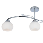 Lampa sufitowa Connor z trzema oprawami E27, chromowana z białymi, matowymi kloszami. Posiada elegancki, zakrzywiony design, mocowana do sufitu. Widoczne detale to metalowe mocowanie i przezroczysty element dekoracyjny.