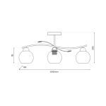 Lampa sufitowa Connor z trzema kulistymi kloszami w kolorze białym, zawieszona na chromowanej konstrukcji. Wymiary: długość 640 mm, wysokość 290 mm, szerokość 130 mm. Ujęcie boczne, ukazujące kształt i detale montażowe.