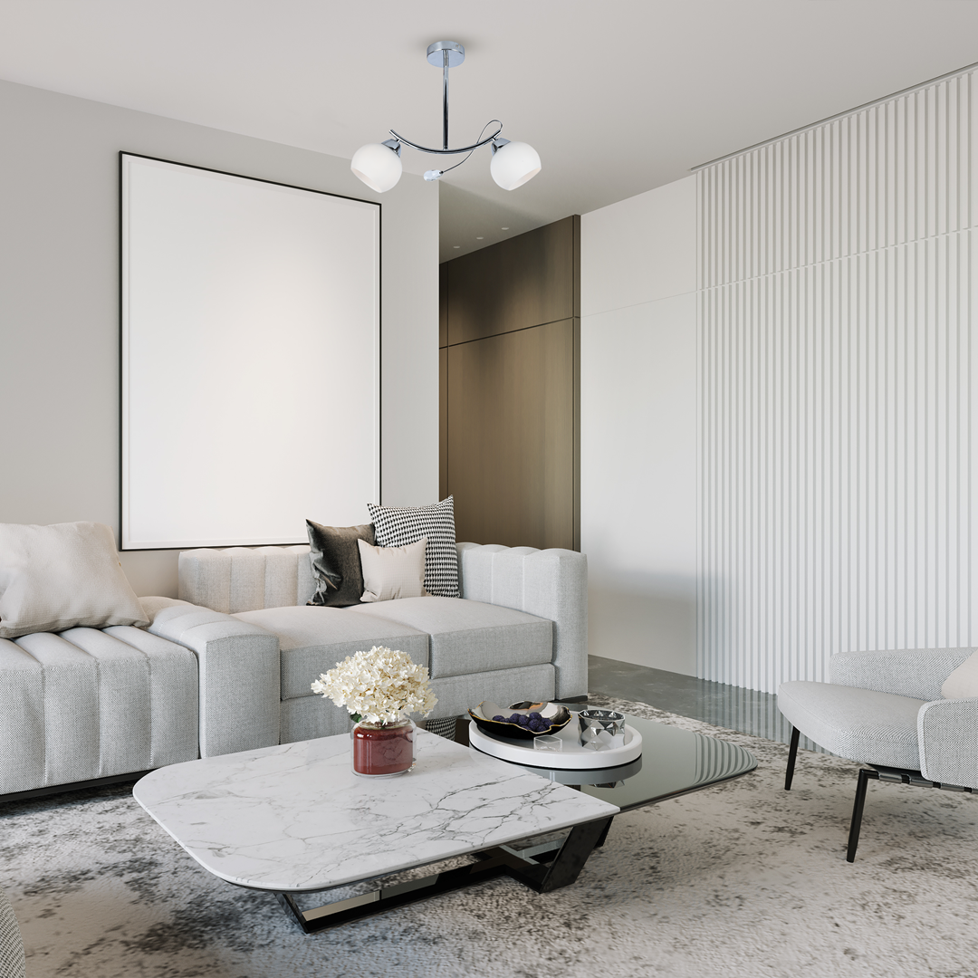 Lampa wisząca Connor z chromowanym wykończeniem, z dwiema białymi, okrągłymi kloszami. Zamontowana na suficie, w nowoczesnym wnętrzu z jasnymi ścianami i szarym meblem. Klosze skierowane w dół, podkreślają minimalistyczny design.