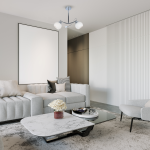 Lampa wisząca Connor z chromowanym wykończeniem, z dwiema białymi, okrągłymi kloszami. Zamontowana na suficie, w nowoczesnym wnętrzu z jasnymi ścianami i szarym meblem. Klosze skierowane w dół, podkreślają minimalistyczny design.