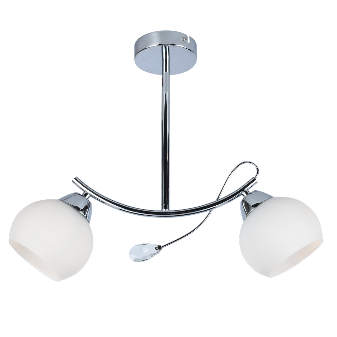 Lampa wisząca Connor z dwoma kloszami w kształcie kul, wykonana z białego szkła i chromowanego metalu. Ułożona w półokrąg, z dekoracyjnym elementem na przewodzie. Oświetlenie z oprawą na dwie żarówki E27.