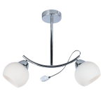 Lampa wisząca Connor z dwoma kloszami w kształcie kul, wykonana z białego szkła i chromowanego metalu. Ułożona w półokrąg, z dekoracyjnym elementem na przewodzie. Oświetlenie z oprawą na dwie żarówki E27.