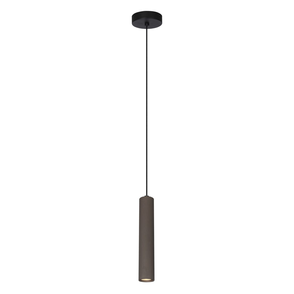 Brązowa lampa wisząca Rilok z oprawą na jedną żarówkę GU10, w kształcie cylindrycznym z żebrowaną fakturą. Zawieszona na cienkim, czarnym przewodzie, z okrągłym mocowaniem sufitowym.