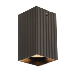 Brązowa lampa sufitowa Tecno z oprawą 1xGU10, o prostokątnym kształcie i teksturze w poziome prążki. Montowana na suficie, z widocznym żarówki w dolnej części. Prosta, nowoczesna forma idealna do różnych wnętrz.