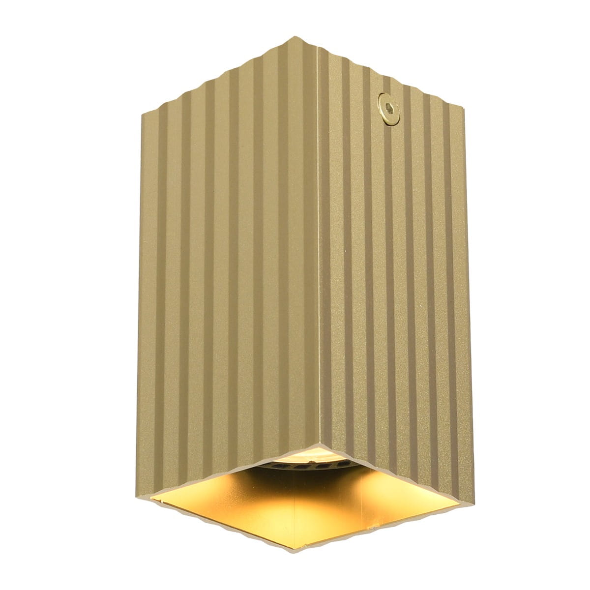 Lampa sufitowa Tecno 1xGU10 w kolorze złotym, o prostokątnym kształcie z pionowymi żłobieniami. Zawiera oprawę na żarówkę GU10, z widocznym źródłem światła w dolnej części. Ujęcie z boku, wisząca, na jednolitym tle.