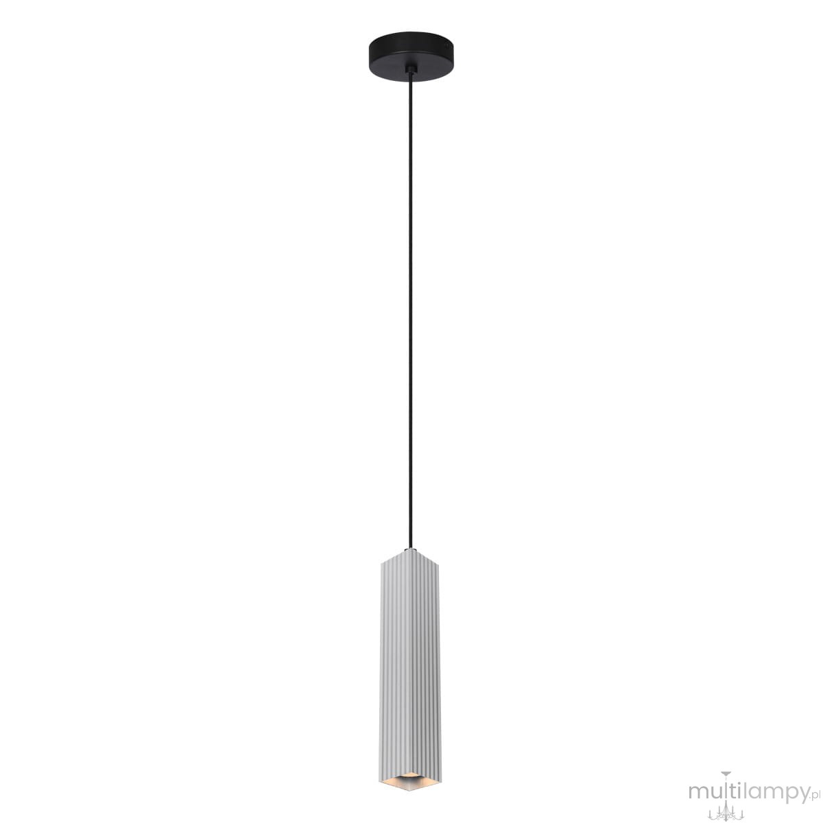Lampa wisząca Tecno 1xGU10 w kolorze aluminium, o cylindrycznym kształcie z pionowymi żłobieniami. Zawieszona na cienkim czarnym przewodzie, montowana do sufitu. Źródło światła widoczne na dole lampy.