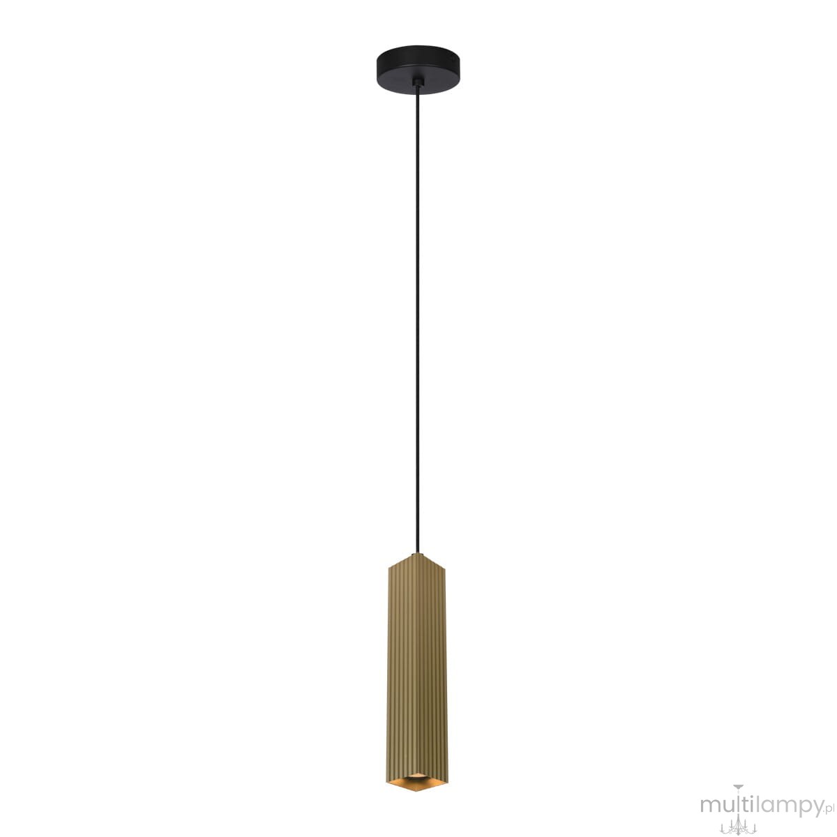 Lampa wisząca Tecno PND-37492-1-GD w kolorze złotym, o cylindrycznym kształcie z pionowymi żłobieniami, zawieszona na czarnym przewodzie. Żarówka typu GU10, minimalistyczny design, umieszczona na białym tle.