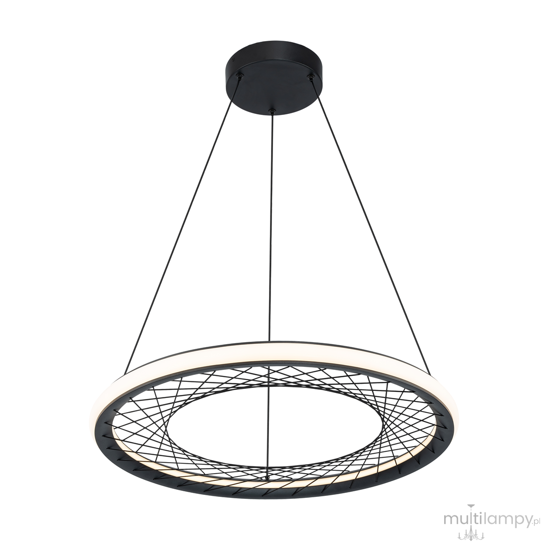 Lampa wisząca Nest w kolorze czarnym z jednym źródłem LED o mocy 43W. Okrągły kształt z siatką dekoracyjną i podświetleniem wokół krawędzi. Zawieszona na cienkich linkach, montowana do sufitu.
