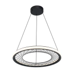 Lampa wisząca Nest w kolorze czarnym z jednym źródłem LED o mocy 43W. Okrągły kształt z siatką dekoracyjną i podświetleniem wokół krawędzi. Zawieszona na cienkich linkach, montowana do sufitu.