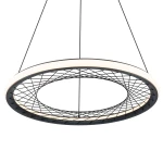 Lampa wisząca Nest w kolorze czarnym, z okrągłym, siatkowym designem. Wyposażona w diodę LED o mocy 43W, zawieszona na cienkich linkach. Lekka konstrukcja z białym pierścieniem świetlnym otaczającym centralny otwór.