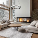 Lampa wisząca Nest 1xLED/43W w kolorze czarnym, z nowoczesnym, okrągłym kształtem i siatkowatym wzorem, zawieszona nad niskim stołem w przestronnym wnętrzu z kominkiem. Otoczenie w jasnych tonacjach, z dużymi oknami i widokiem na zaśnieżony krajobraz.