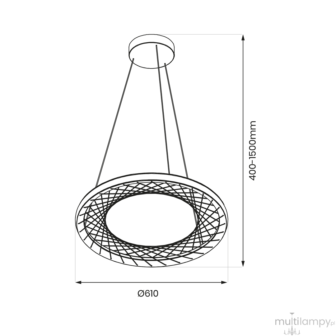 Czarna lampa wisząca Nest o średnicy 610 mm, z regulacją wysokości od 400 do 1500 mm. Wyposażona w 1 żarówkę LED o mocy 43W. Okrągła podstawa z ażurowym wzorem, zawieszona na dwóch linkach.