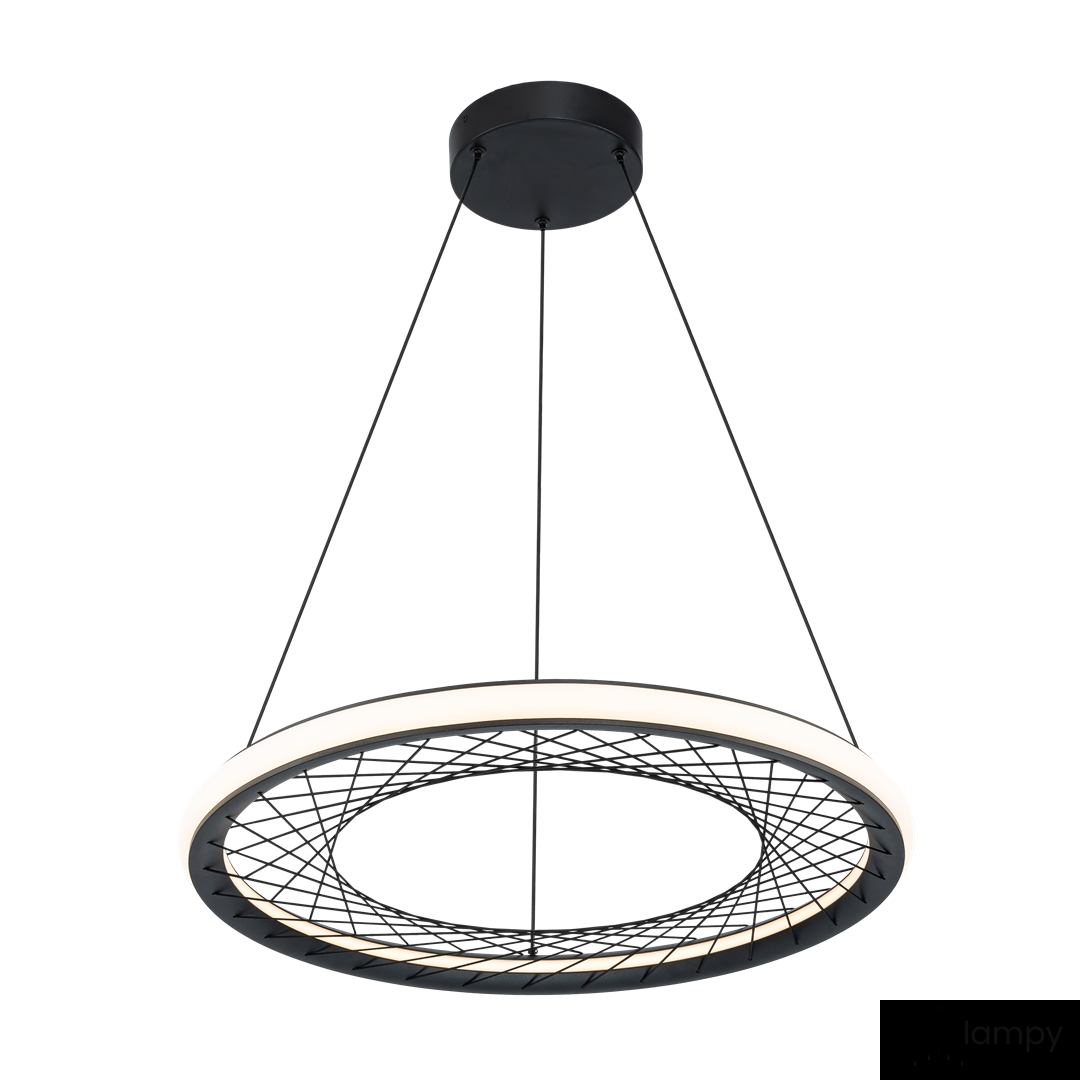 Lampa wisząca Nest w kolorze czarnym, z okrągłym, teksturowanym kloszem LED o mocy 43W. Zawieszona na cienkich linkach, z białym pierścieniem w centrum. Widok z dołu, ukazujący detal konstrukcji i efekty świetlne.