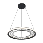 Lampa wisząca Nest w kolorze czarnym, z okrągłym, teksturowanym kloszem LED o mocy 43W. Zawieszona na cienkich linkach, z białym pierścieniem w centrum. Widok z dołu, ukazujący detal konstrukcji i efekty świetlne.