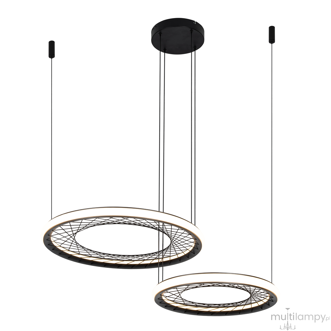 Lampa wisząca Nest w kolorze czarnym z dwoma okrągłymi kloszami LED. Klosze o geometrycznej siatce, zawieszone na cienkich kablach, z okrągłą podstawką sufitową. Wymiary kloszy: większy i mniejszy, tworzą nowoczesny efekt świetlny.