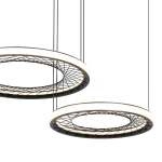 Lampa wisząca Nest 2xLED/77W w kolorze czarnym, składająca się z dwóch okrągłych elementów z siatką. Ujęcie z przodu, zawieszona na cienkich linkach, z podświetleniem wzdłuż krawędzi. Prosta, nowoczesna forma na białym tle.