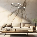 Lampa wisząca Nest 2xLED/77W w kolorze czarnym, z dwoma okrągłymi, zdobionymi kloszami, zawieszona nad jasną sofą w nowoczesnym wnętrzu. Tło to marmurowa ściana w odcieniach beżu i brązu, co podkreśla elegancki styl.