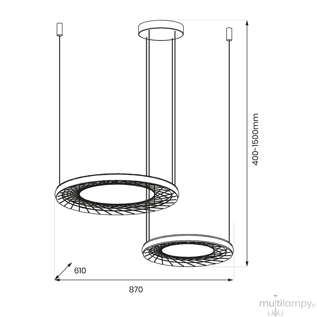 Lampa wisząca Nest z dwoma okrągłymi kloszami LED w kolorze czarnym. Wymiary: 870 mm długości i 610 mm szerokości, z możliwością regulacji wysokości od 400 do 500 mm. Nowoczesny design z siatkową strukturą kloszy.