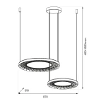 Lampa wisząca Nest z dwoma okrągłymi kloszami LED w kolorze czarnym. Wymiary: 870 mm długości i 610 mm szerokości, z możliwością regulacji wysokości od 400 do 500 mm. Nowoczesny design z siatkową strukturą kloszy.