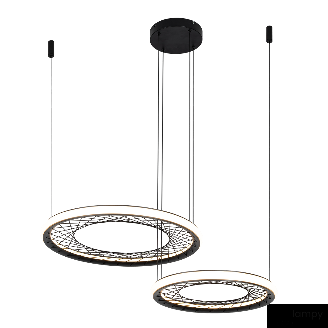 Lampa wisząca Nest z dwoma okrągłymi kloszami LED w czarnym kolorze. Klosze mają białą krawędź i siatkową fakturę. Zawieszona na cienkich, czarnych linkach. Montaż sufitowy.